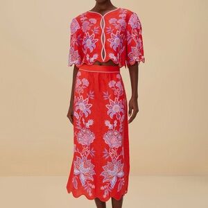 NWT Farm Rio Red Porcelain Garden Linen Midi Skirt and Blouse - SET